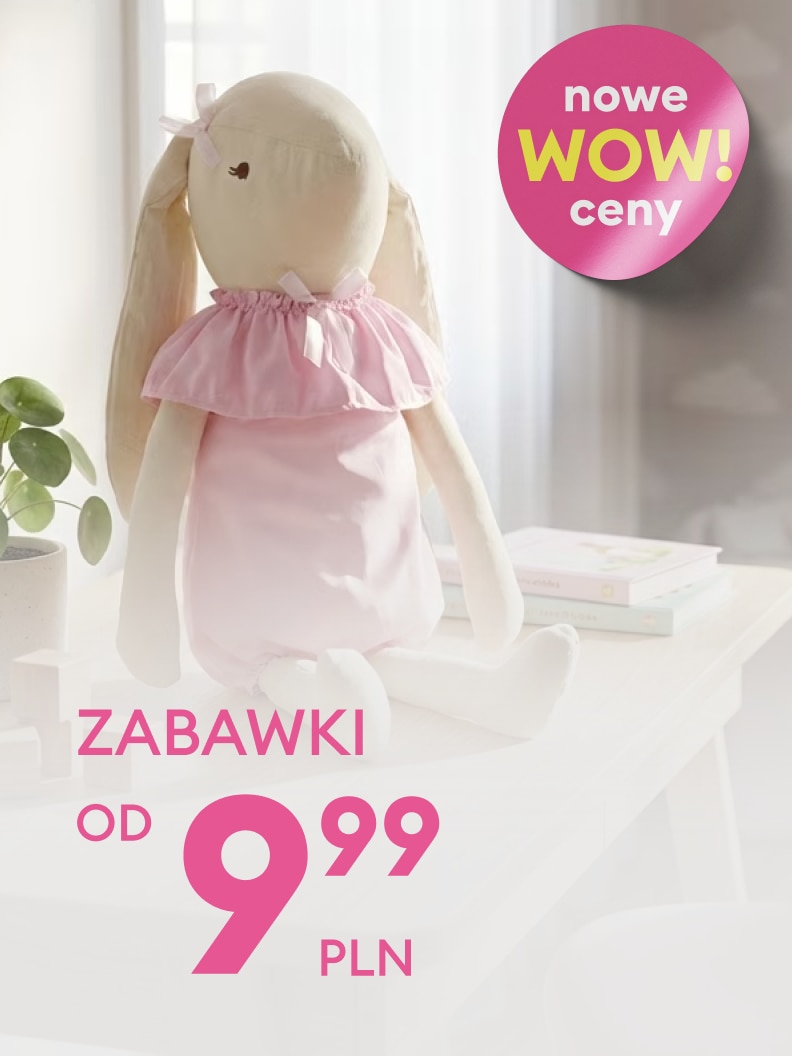 Grafika promująca ofertę zabawek w obniżonych cenach, informująca o nowych atrakcyjnych cenach oraz o możliwości zakupu zabawek od 9,99 zł.