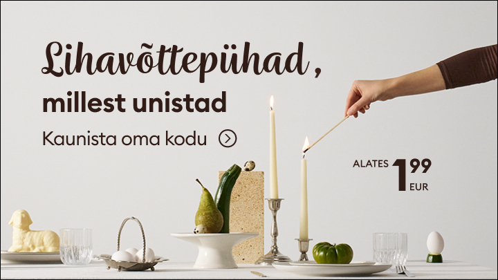 Reklaam kutsub kaunistama kodu lihavõtteks ning tutvustab hooajalisi dekoratsioone ja küünlaid soodsa alghinnaga.