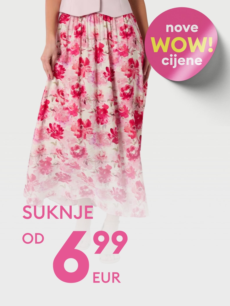 Promotivna ponuda ženskih suknji s novim sniženim cijenama, dostupne od 6,99 EUR.
