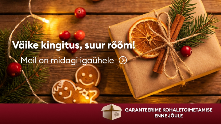 Väike jõulukink, mis toob suurt rõõmu. Sobib igale inimesele. Kingitus on kaunistatud kaneelipulkade ja kuivatatud apelsiniviiluga. Tekst lubab jõulukinkide õigeaegset kohaletoimetamist enne pühi.