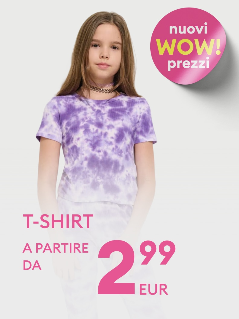 Promozione di T-shirt per bambina con nuovi prezzi vantaggiosi, pensata per comunicare un’offerta conveniente sull’abbigliamento casual per bambini.