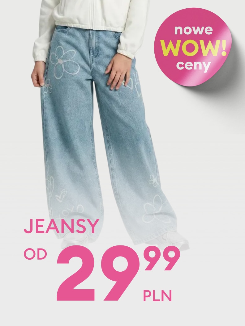 Informacja o promocji cenowej na jeansy, dostępne w ofercie od 29,99 zł.