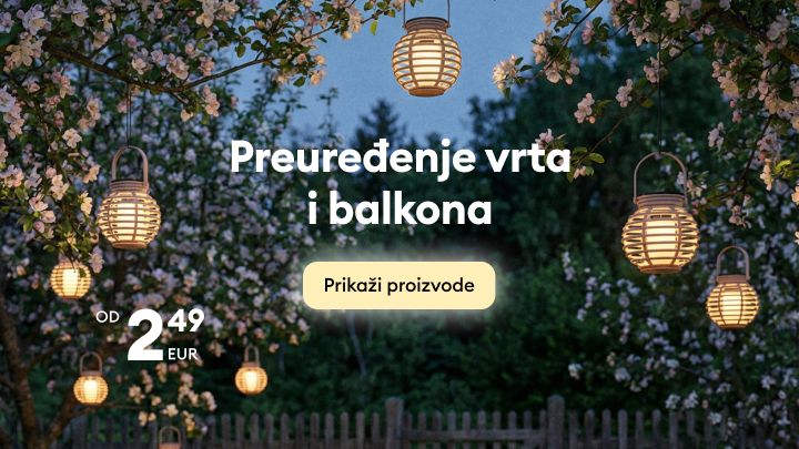 Promotivni banner koji najavljuje ponudu rasvjete i dekoracija za uređenje vrta i balkona, s istaknutom početnom cijenom.