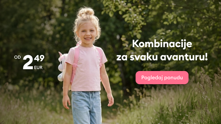Promocija dječje odjeće za aktivnosti na otvorenom, naglašava povoljne cijene i potiče korisnika da pregleda dostupnu ponudu.