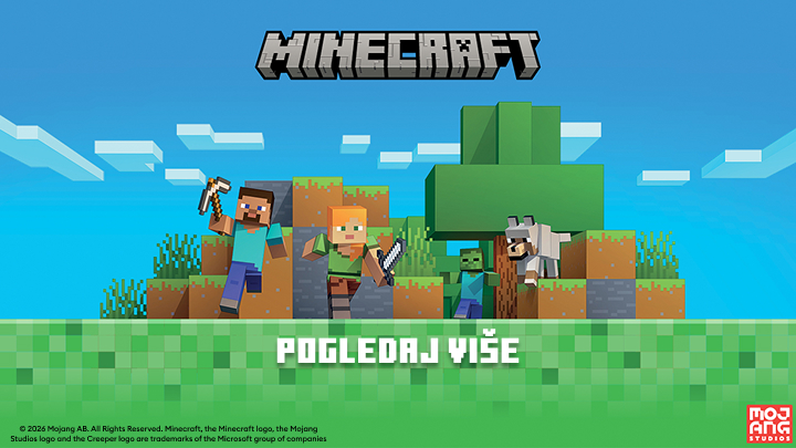 Promotivni vizual koji potiče korisnika da istraži i sazna više o igri Minecraft i njezinom svijetu.