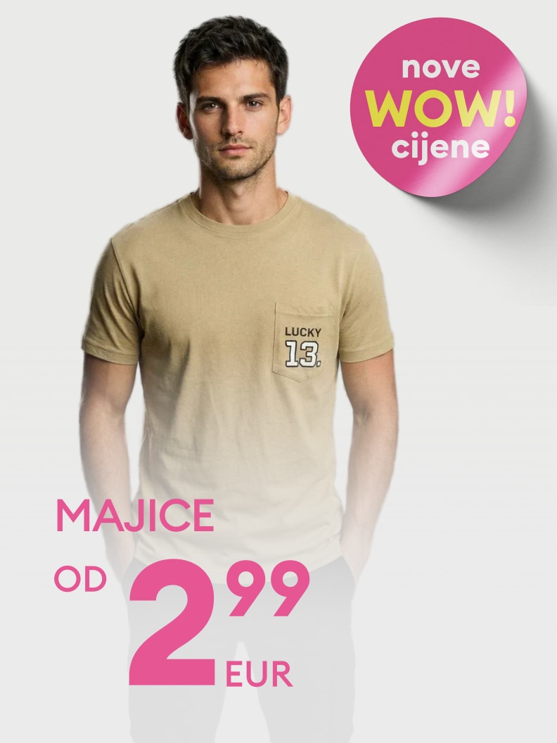 Promotivna slika oglašava novu ponudu muških majica s povoljnim početnim cijenama i naglašava aktualnu akciju za kupce.