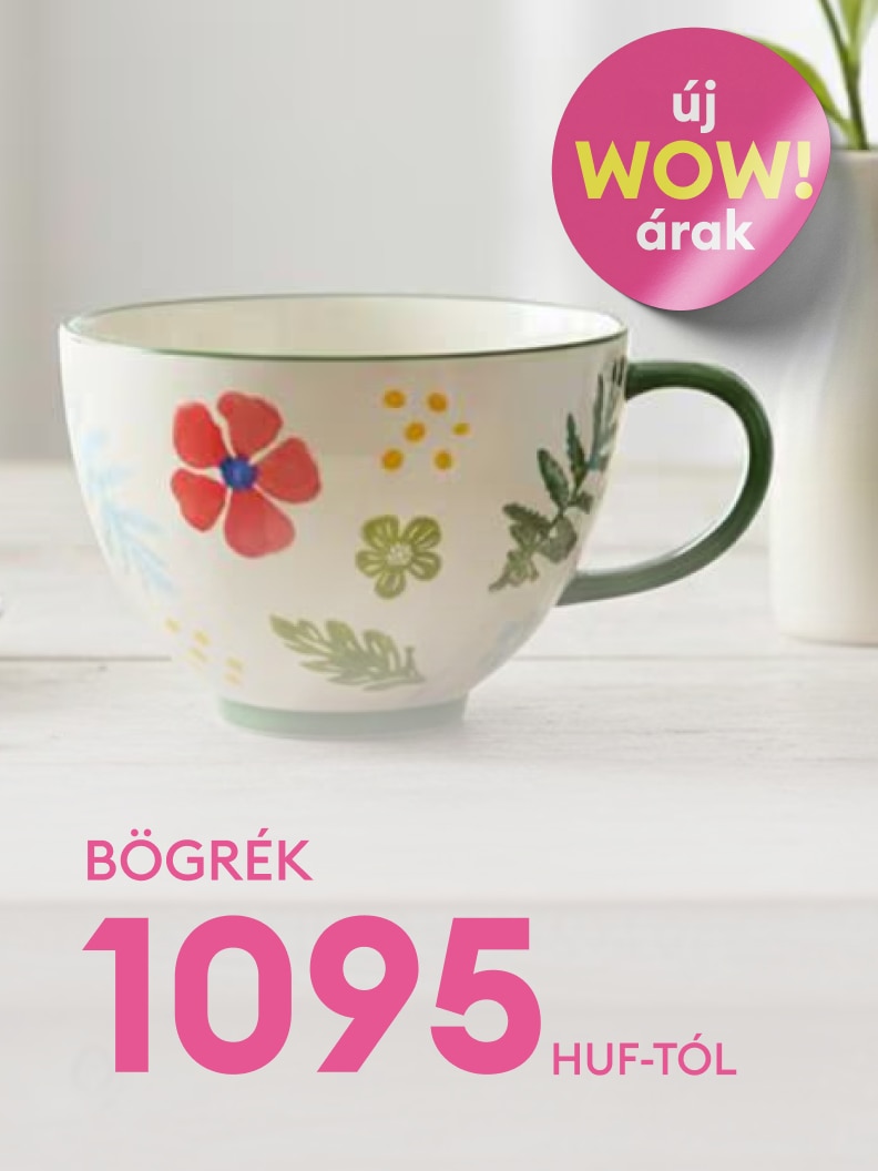 Virágmintás bögre promóciója kedvezményes induló árral, vásárlásra ösztönző ajánlat háztartási termékekhez.