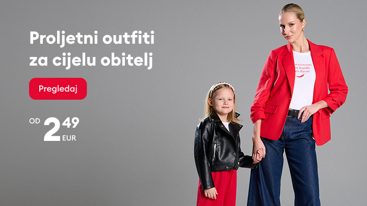 Promotivna poruka za proljetne outfite za cijelu obitelj, s naglaskom na povoljne cijene i pozivom na pregled ponude.