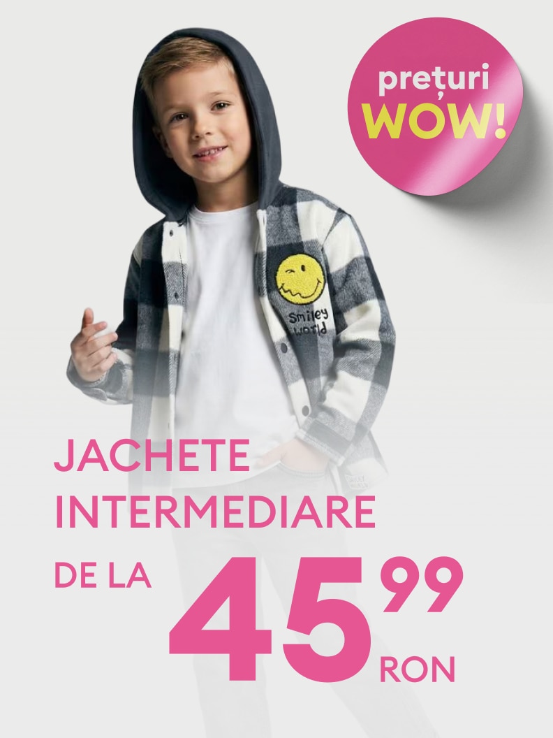Promovare jachetă intermediară pentru copii, cu design Smiley World, destinată achiziției la un preț promoțional avantajos.