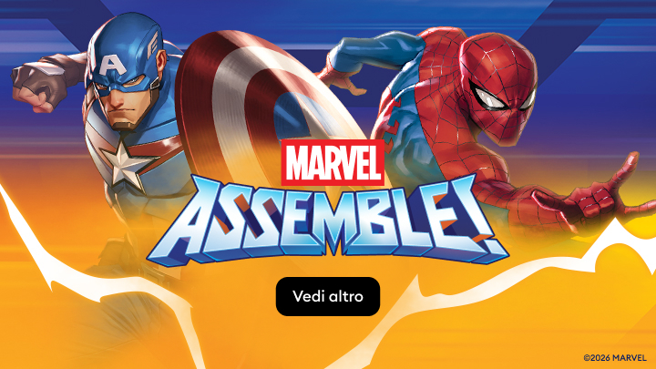 Promozione di contenuti Marvel Assemble con supereroi iconici che invitano a scoprire storie e azione dell’universo Marvel.