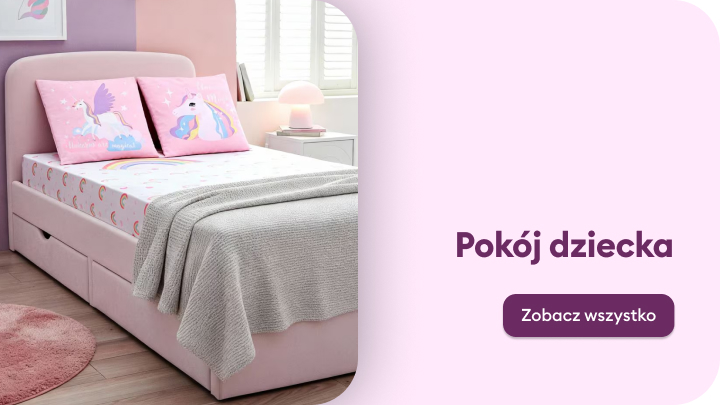 Promocja wyposażenia pokoju dziecięcego z przykładem łóżka i dodatków, zachęcająca do zapoznania się z ofertą.