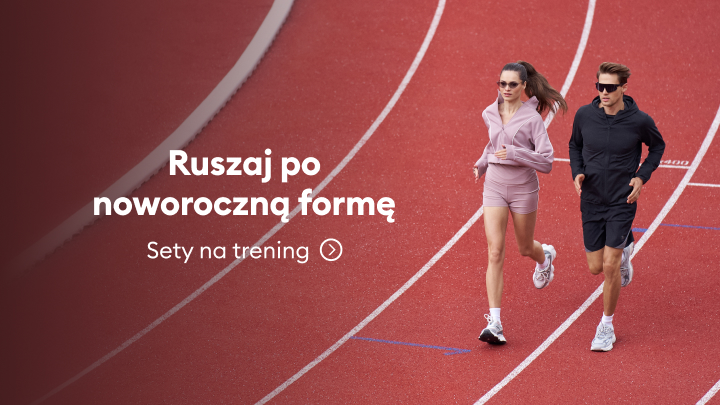 Dwie osoby biegną na bieżni lekkoatletycznej. Po lewej stronie znajduje się tekst zachęcający do aktywności fizycznej: „Ruszaj po noworoczną formę” oraz „Sety na trening”. Obrazek promuje treningi i zdrowy styl życia.