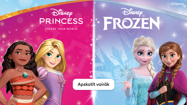 Reklamē Disney Princess un Frozen tematiskās pasaules, aicinot lietotājus iepazīt varoņus, stāstus un radošas aktivitātes.