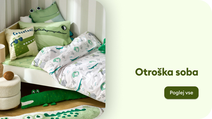 Otroška soba z motivi krokodilov. Postelja, blazine, preproga in igrače so oblikovani v skladu s tem motivom. Na desni strani je napis »Otroška soba« in gumb »Poglej vse« za ogled celotne ponudbe.
