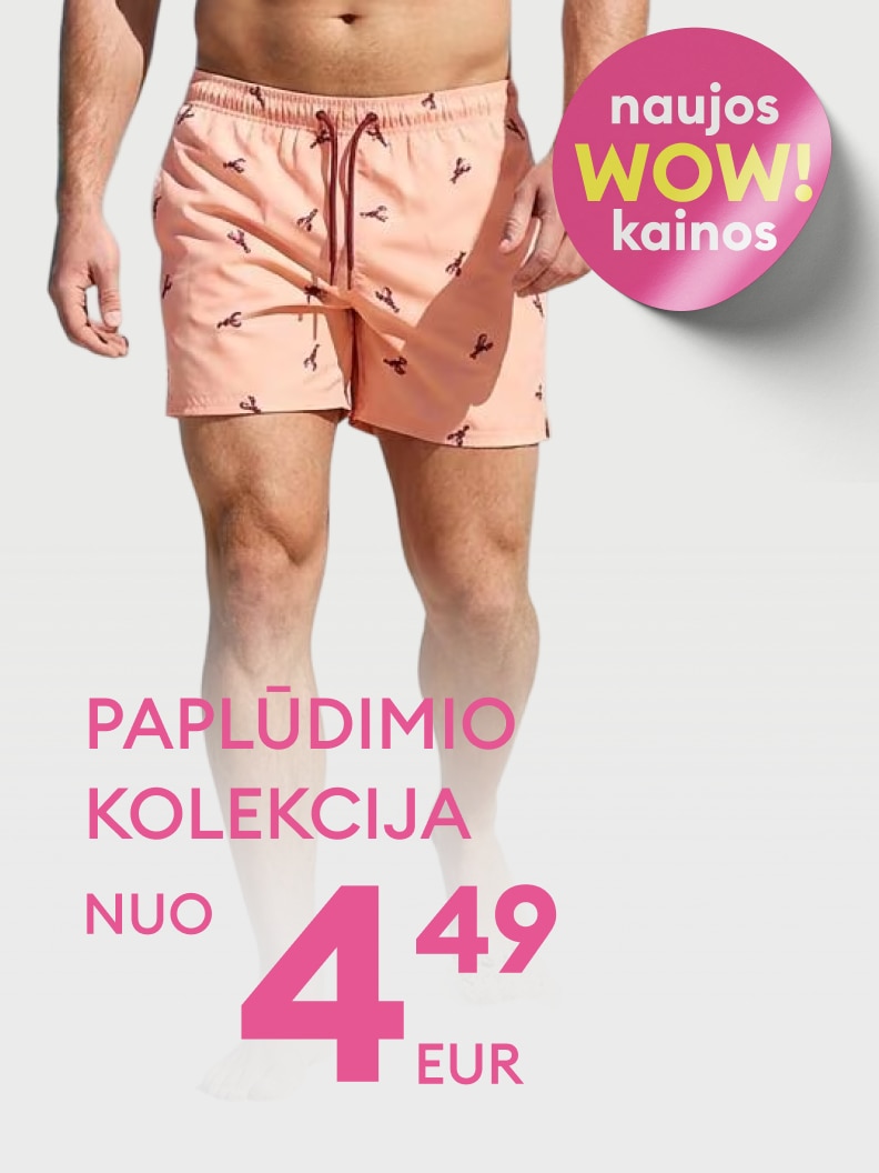 Vyriški paplūdimio šortai, pristatoma paplūdimio kolekcija su naujomis akcijinėmis kainomis, kaina nuo 4,49 EUR.