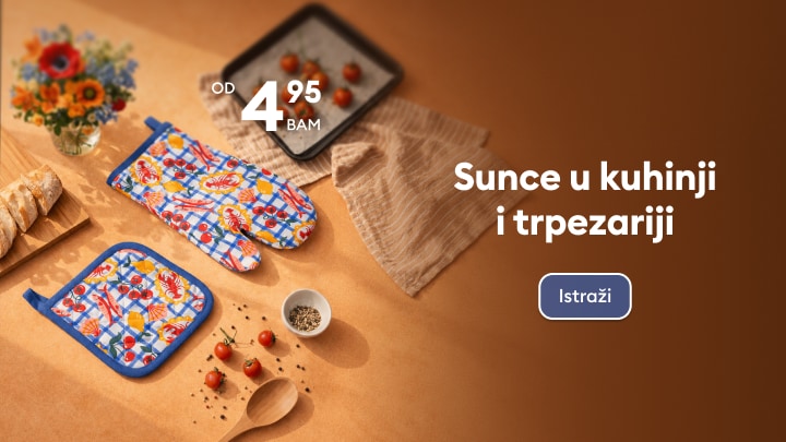 Kuhinjski tekstil s cvjetnim uzorkom za pripremu i serviranje hrane u vedrom ljetnom stilu po promotivnoj cijeni.