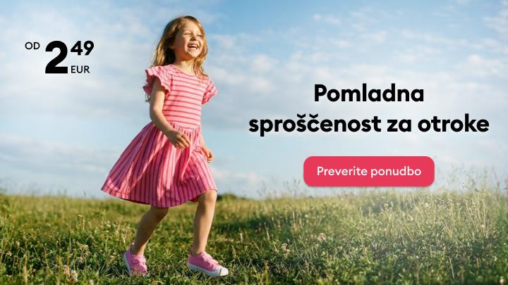 Promocijska pasica za pomladna otroška oblačila, ki spodbuja starše k ogledu ponudbe ter poudarja sproščeno igro in ugodno nakupovanje.