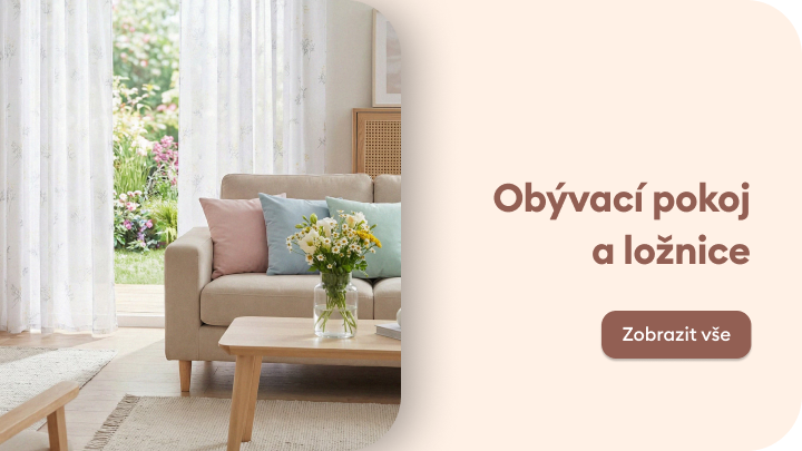 Propagační banner odkazující na nabídku vybavení a dekorací pro obývací pokoj a ložnici, poskytující inspiraci pro zařízení domácího interiéru.