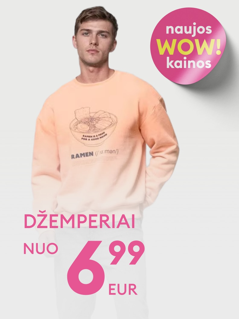 Reklaminė žinutė apie džemperių akciją su naujomis, sumažintomis kainomis, skatinanti įsigyti drabužius už patrauklią kainą.