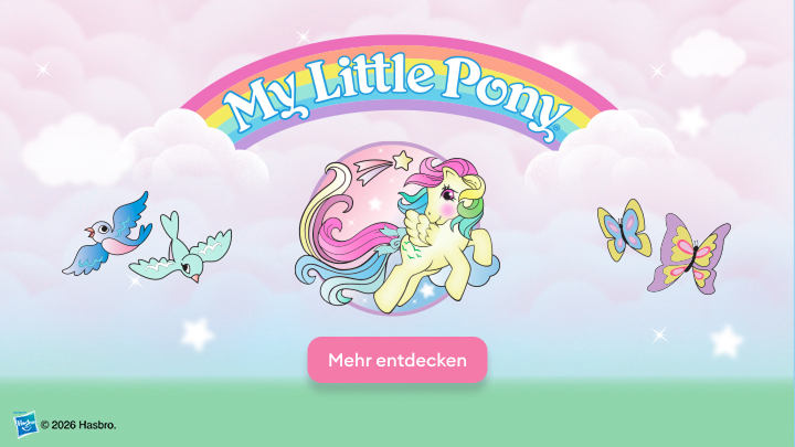"My Little Pony – uroczy świat magicznych kucyków z tęczowym logo. Wokół unoszą się ptaki i motyle, które podkreślają fantastyczną atmosferę. Przyjazny przycisk zaprasza do odkrywania kolejnych przygód. Idealne dla dzieci i fanów bajkowych historii."