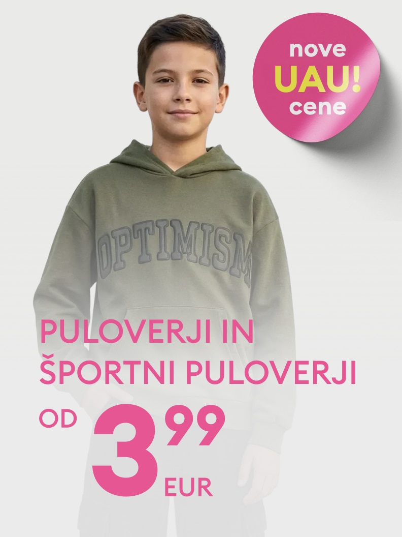 Promocija otroških puloverjev in športnih puloverjev z ugodnimi cenami, namenjena spodbujanju nakupa v trgovini z oblačili.