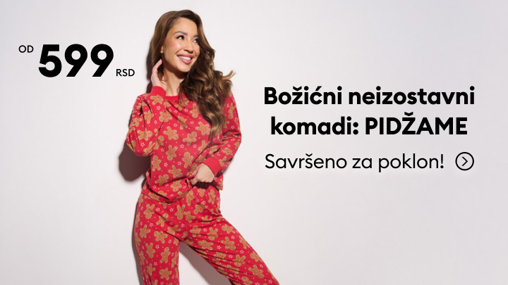 Božićne pidžame dostupne od 599 RSD, savršen izbor za poklon. Tekst naglašava udobnost i veseli praznični duh. Otkrijte ponudu klikom na dugme za više informacija. banner