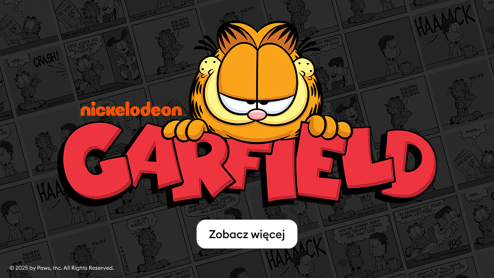 Logo Garfielda od Nickelodeon. Znany komiksowy kot Garfield opiera się na literach swojego imienia, patrząc na odbiorcę. W tle widoczna jest komiksowa scena z życia Garfielda. Przyciski i link prowadzące do dalszych treści. Odkryj więcej przygód Garfielda! banner