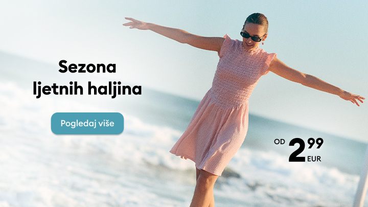 Promotivni vizual koji potiče kupnju ljetnih haljina ističući sezonsku ponudu i povoljnu početnu cijenu te poziva na pregled asortimana.