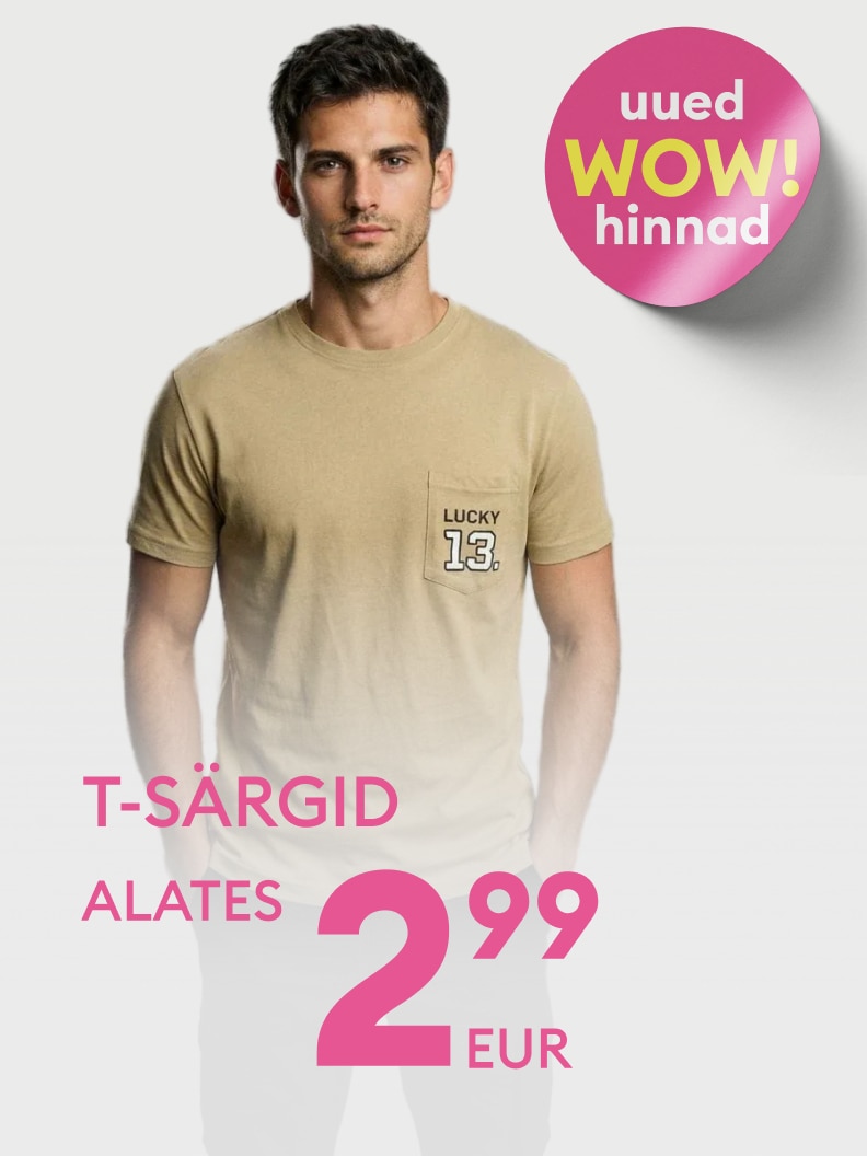 Reklaam meeste T-särkidele, mis tutvustab uusi soodushindu ja julgustab toodet ostma.