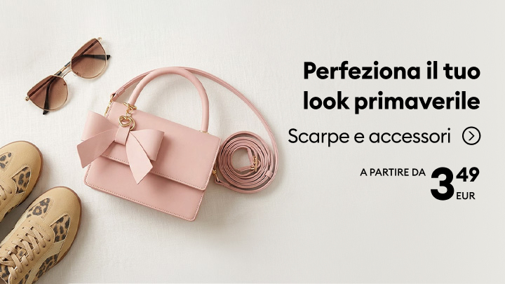 Banner promozionale che invita a completare il look primaverile acquistando scarpe e accessori, evidenziando un’offerta con prezzi a partire da 3,49 euro.