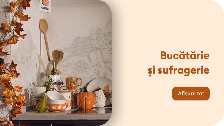 Colecție de accesorii și decorațiuni pentru bucătărie și sufragerie cu tematică de toamnă și servire a mesei