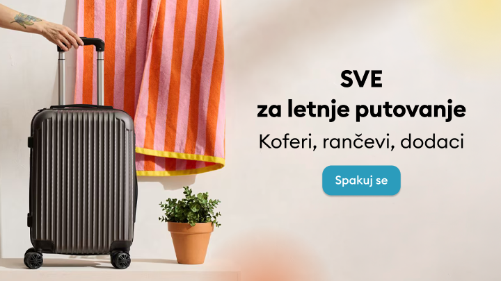 Promocija ponude za letnja putovanja sa koferima, rančevima i dodacima, uz poziv da se pripremi i spakuje za put.