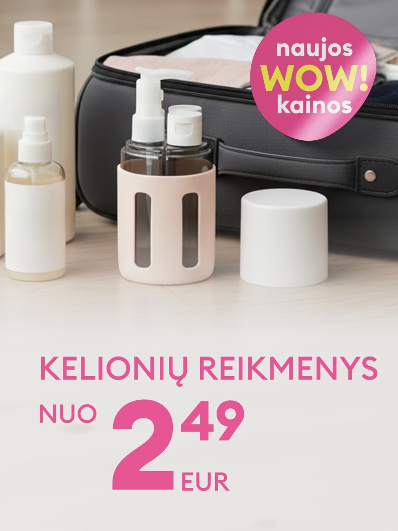 Skelbimas apie kelionių reikmenų pasiūlymą su naujomis akcijinėmis kainomis, pradedant nuo 2,49 EUR.