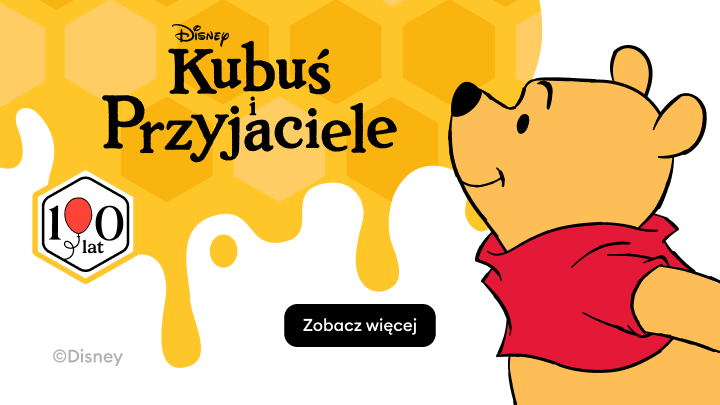 Promocja serii animowanej Disneya „Kubuś i Przyjaciele”, informuje o jubileuszu i zachęca użytkownika do zapoznania się z dodatkowymi treściami.