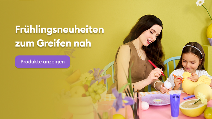 Frühlingszeit mit kreativen Aktivitäten für die ganze Familie. Gemeinsam Ostereier bemalen, den Frühling dekorieren und neue Produkte entdecken. Button mit Aufschrift „Produkte anzeigen“ gibt Zugang zu weiteren Angeboten. Entdecken Sie die Freude an gemeinsamen Momenten!