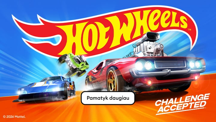 Hot Wheels žaislinių automobilių reklama, kviečianti susipažinti su lenktynių ir triukų kolekcija vaikams ir kolekcininkams