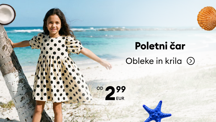 Promocijski banner poletne otroške kolekcije oblek in kril, namenjen spodbujanju nakupa sezonskih oblačil po ugodnih cenah.