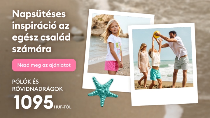 Nyári ruházati ajánlat az egész család számára pólókkal és rövidnadrágokkal kedvező áron tengerparti hangulatban
