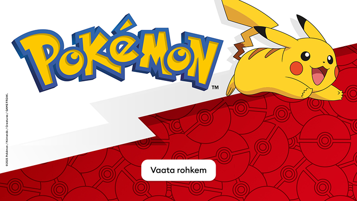 Pokemon logo koos Pikachu kujutisega. Pildil on nupp tekstiga „Vaata rohkem“, mis suunab lisainformatsiooni juurde.