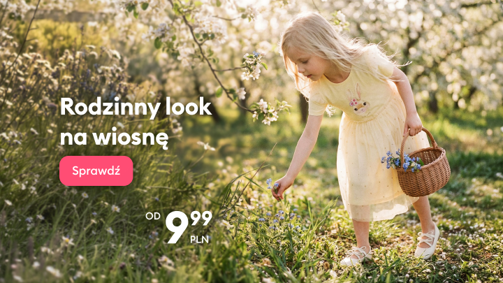 Baner promujący wiosenną kolekcję rodzinnych stylizacji, zachęcający do zapoznania się z ofertą i zakupów ubrań na nowy sezon dla całej rodziny.