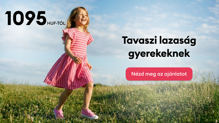 Gyermekeknek szóló tavaszi, kényelmes ruházati ajánlat bemutatása, kedvező ártól, vásárlásra ösztönző üzenettel.