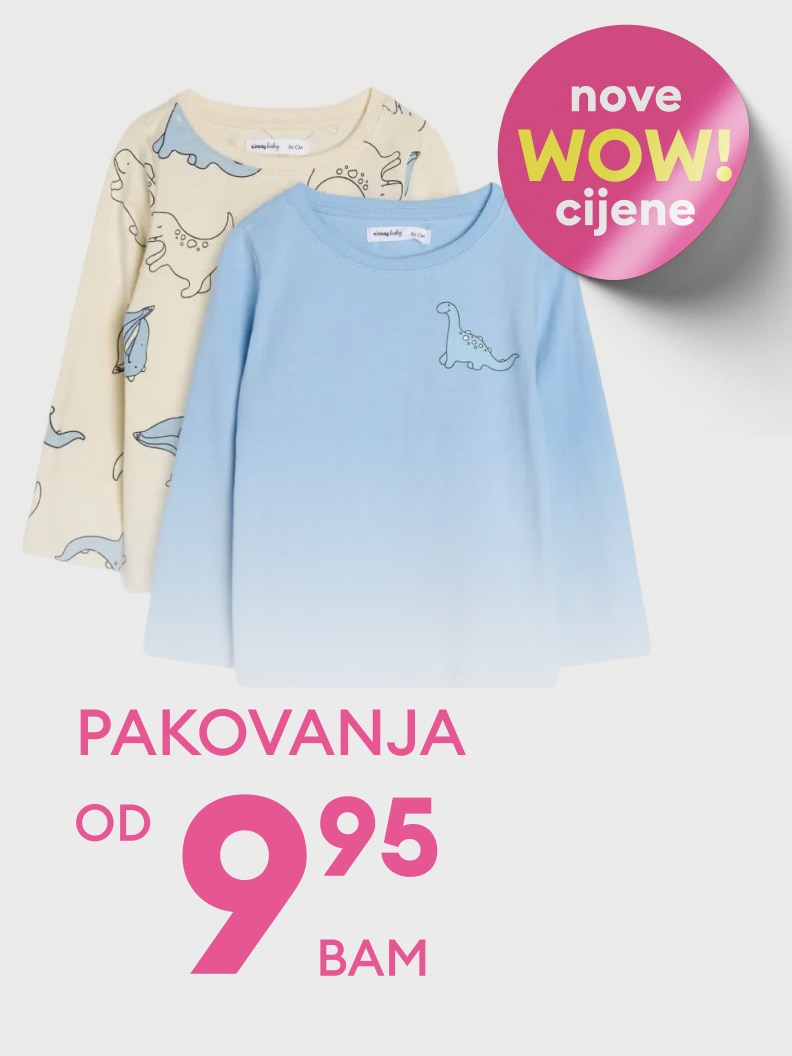 Promotivna ponuda dječjih majica dugih rukava u pakovanjima, s naglaskom na nove snižene cijene.
