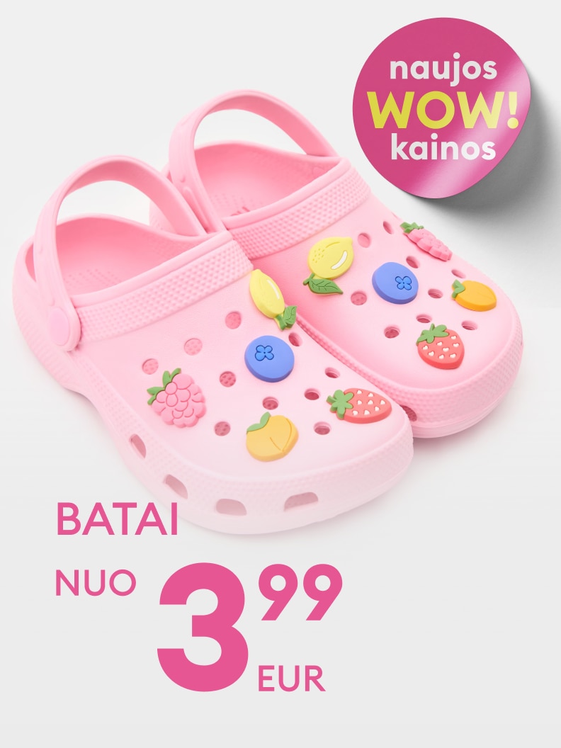 Vaikiški laisvalaikio batai su dekoracijomis, pristatomi kaip akcijos pasiūlymas su nauja žema kaina nuo 3,99 EUR.