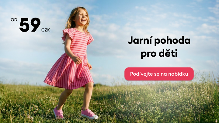 Reklamní sdělení propagující jarní oblečení pro děti, informuje o dostupných cenách od 59 Kč a vybízí k prohlédnutí aktuální nabídky.