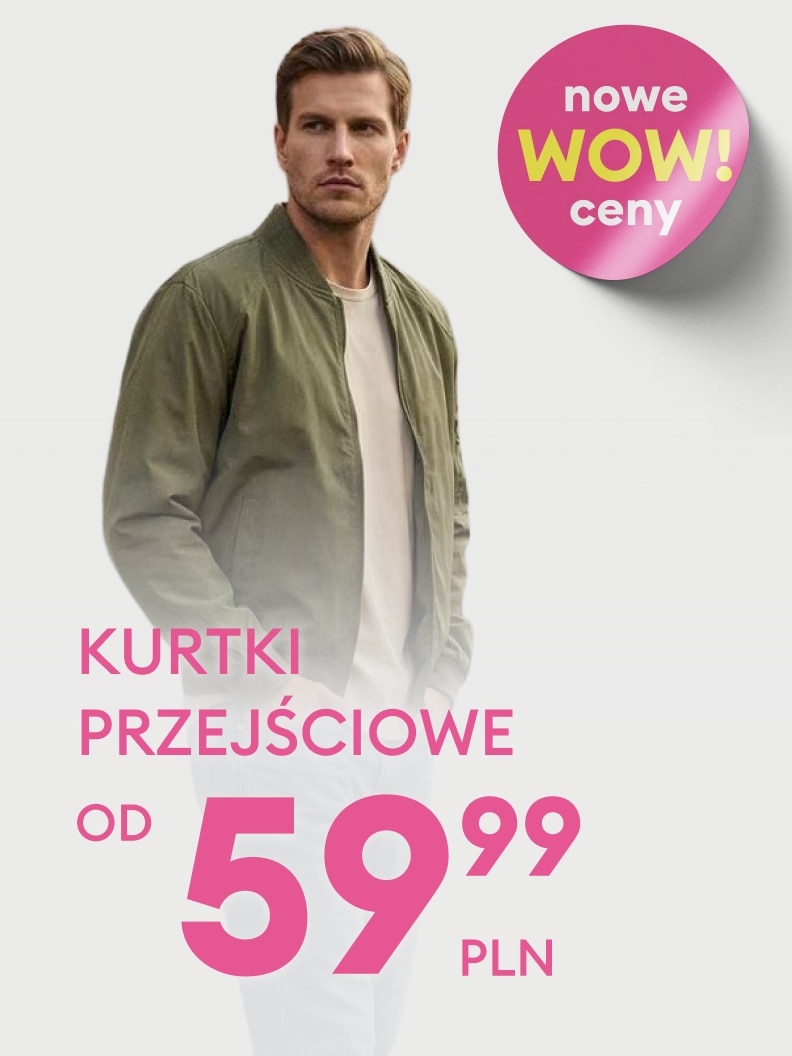 Grafika promocyjna informująca o ofercie kurtek przejściowych dla mężczyzn w nowych cenach, z ceną startową 59,99 PLN.