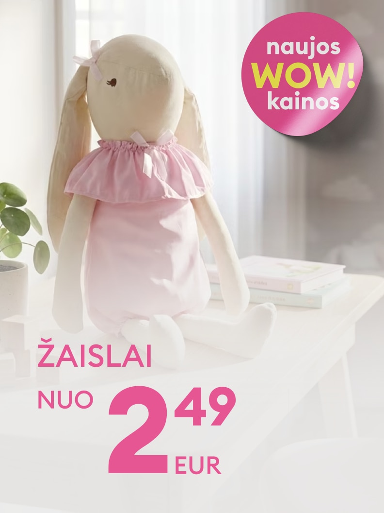 Reklaminis vaizdas, informuojantis apie žaislų pasiūlymą su ypač patraukliomis, sumažintomis kainomis.