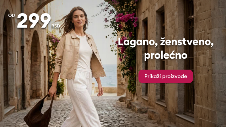 Promotivni vizual ženske prolećne kolekcije koji naglašava lagan i ženstven stil i poziva na pregled proizvoda uz istaknutu početnu cenu.