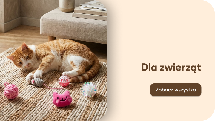 Baner promujący ofertę produktów dla zwierząt, zachęcający do zapoznania się z pełnym asortymentem akcesoriów i tekstyliów do domu dla pupili.