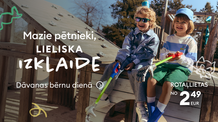 Reklāmas vizuālis, kas aicina uz bērnu dienas dāvanām un rotaļlietu piedāvājumu mazajiem pētniekiem, uzsverot lielisku izklaidi un cenu no 2,49 EUR.
