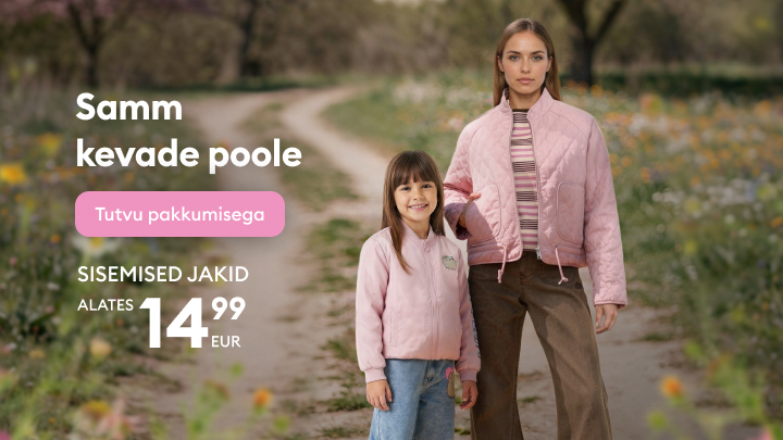 Reklaam kevadhooaja jakkidele täiskasvanutele ja lastele, kutsudes tutvuma pakkumisega ja rõhutades soodsat alghinda.